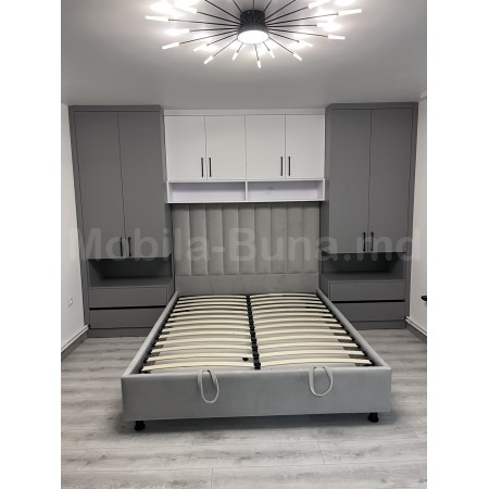 Mobilier dormitor modern cu pat tapițat, dulapuri laterale și corpuri suspendate  A-98